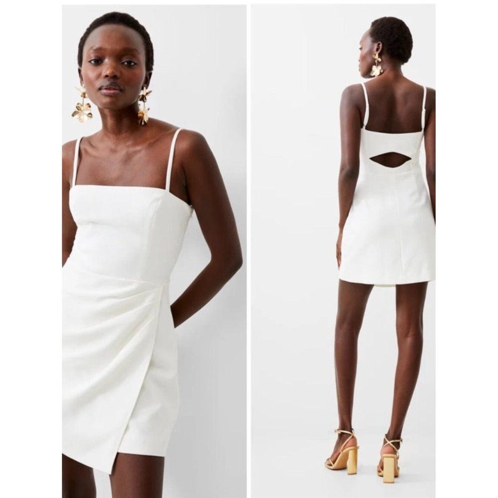 White Spaghetti‎ Strap Mini Dress Side Ruched Wrap Skirt Cutout Back Size 4